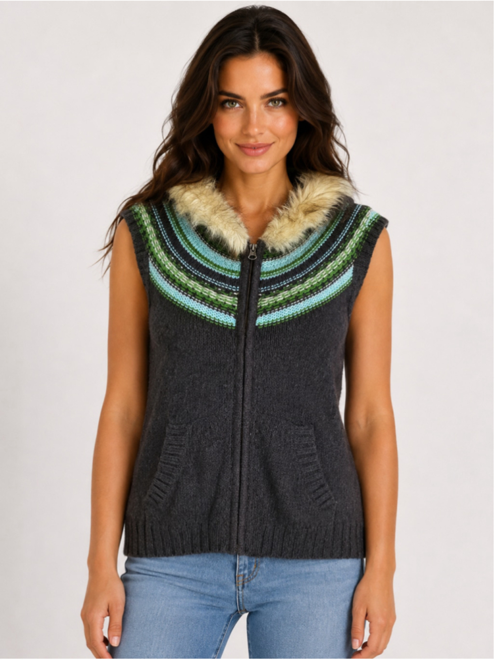 Vintage Old Navy Fair Isle Wool Sweater Vest Faux Fur Hooded Knit Nordic Scandi